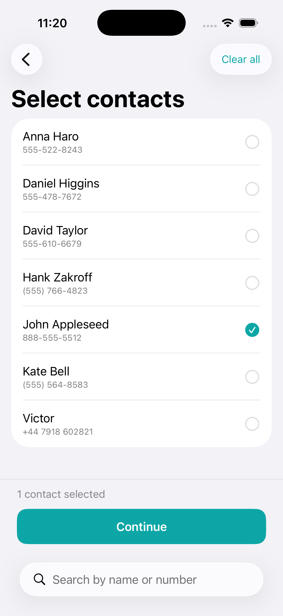 Select contacts screen