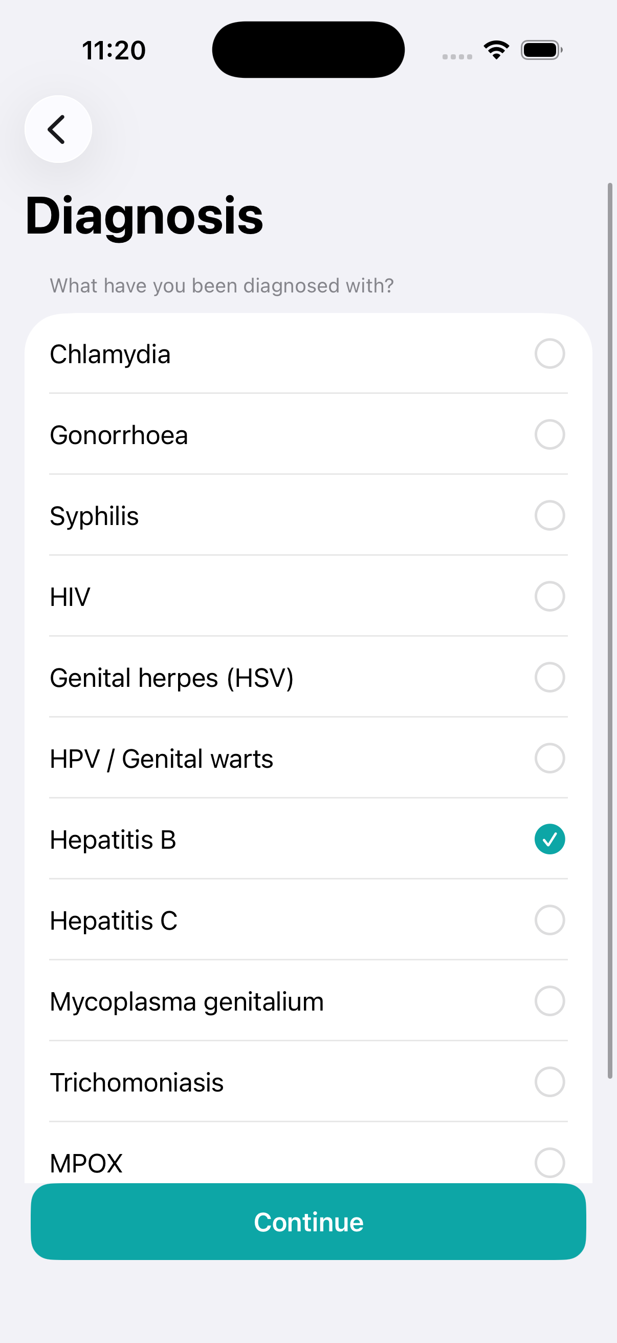 Diagnosis selection screen